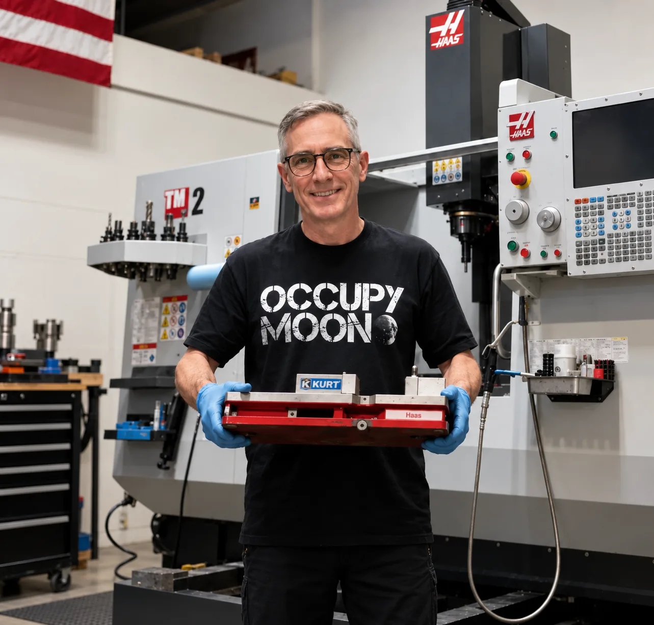 Founder John Shaull holding a vise-mounted part in front of a Haas TM-2 CNC mill