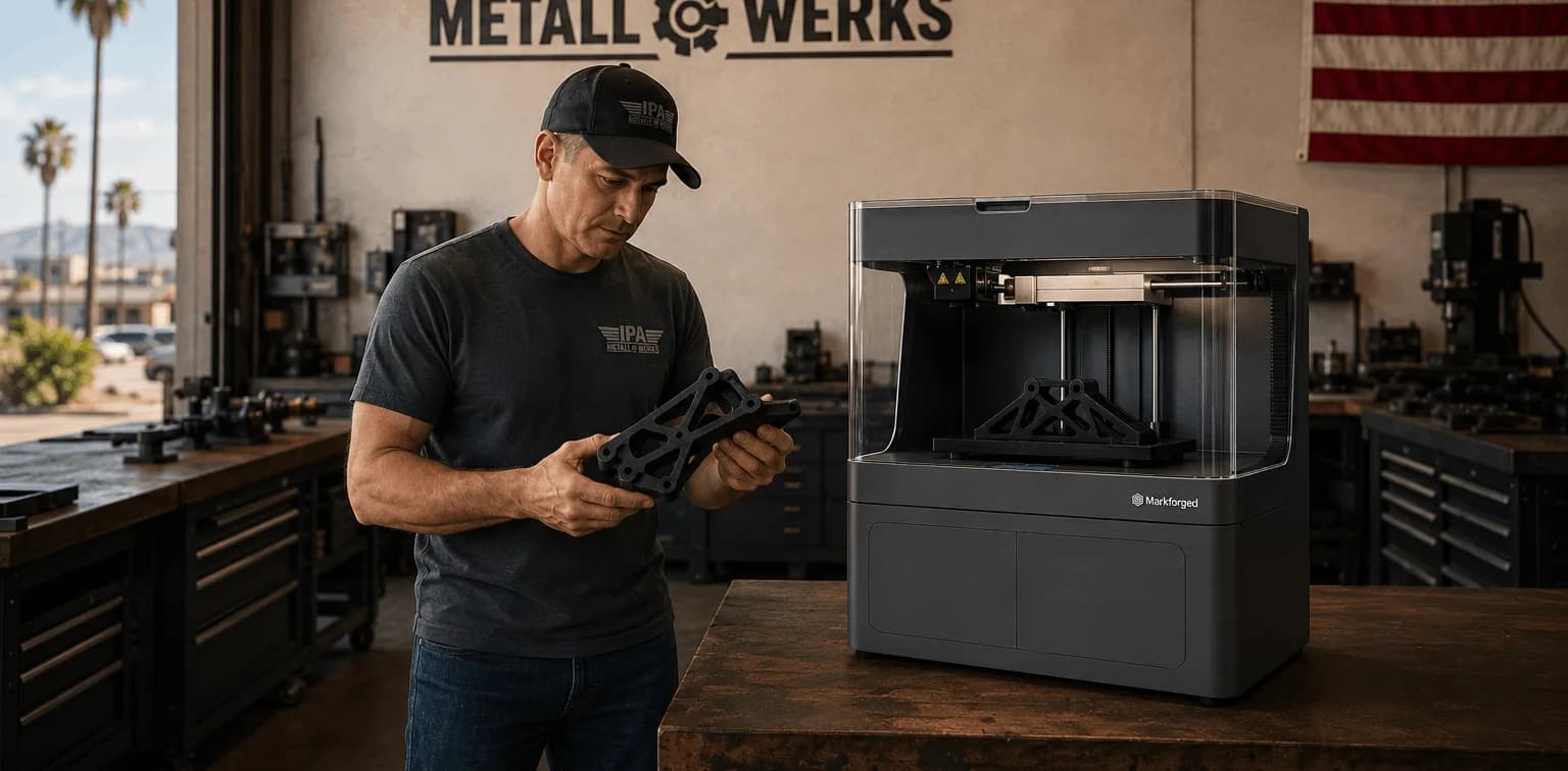 Technician holding a 3D-printed lattice part next to a Markforged printer