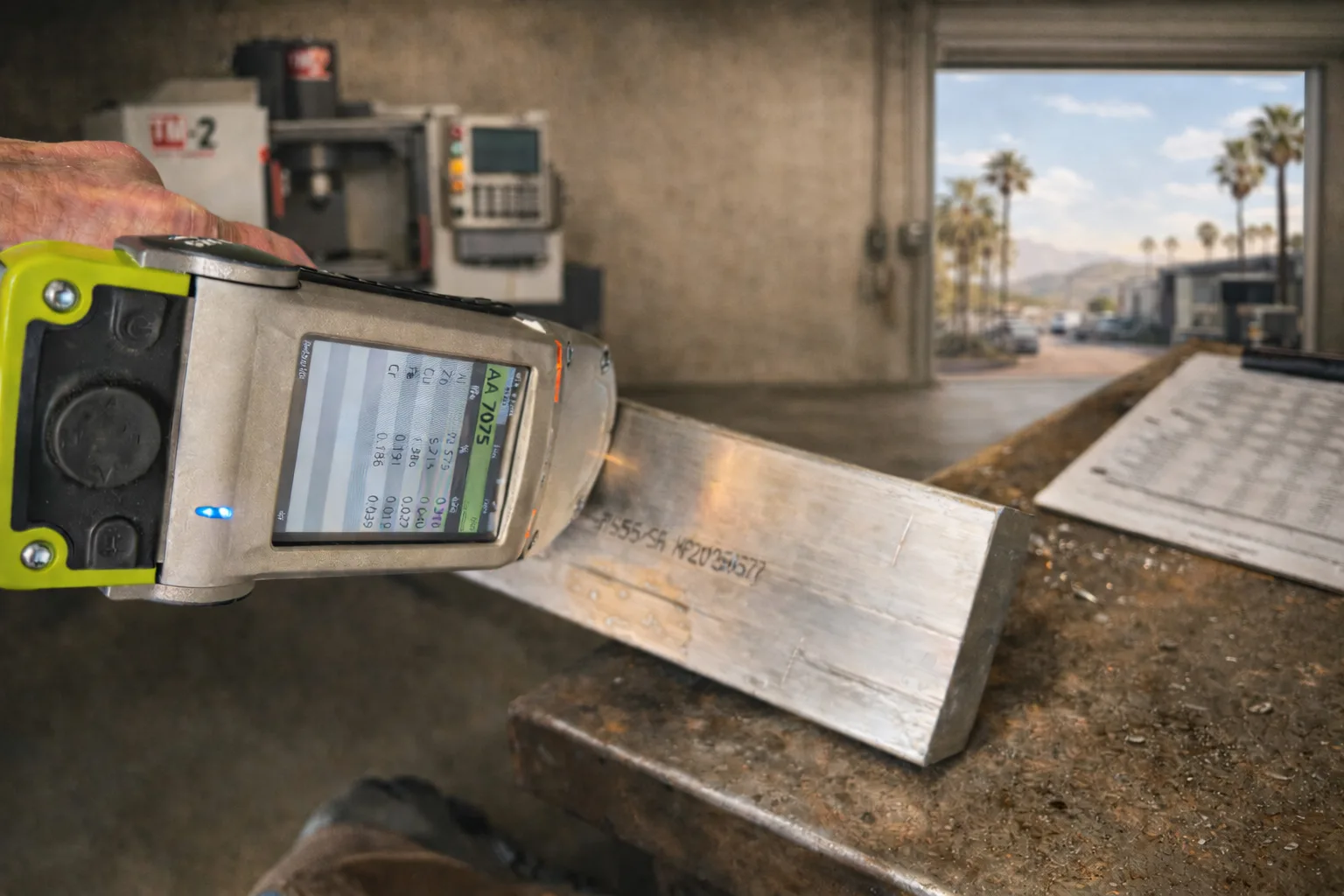 Handheld XRF analyzer reading the composition of a metal part