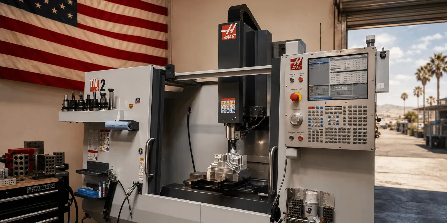 Haas TM-2 CNC toolroom mill on the IPA Werks shop floor, with tool holders in the rack and a part in the vise